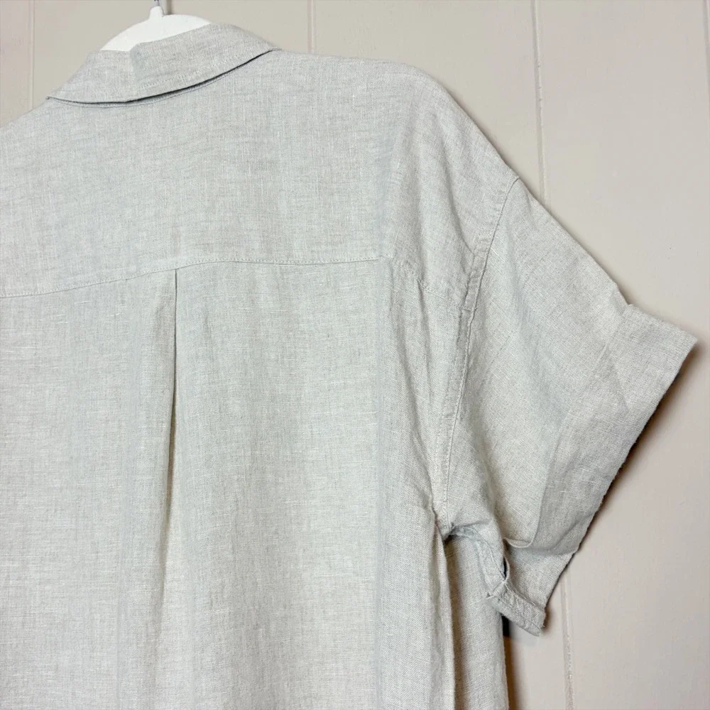 J. Crew 100% Linen Capitaine Shirt Dress M Short Sleeve Button Down Beige Tan